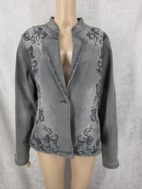 Reba Jackets & Blazers - Reba Autumn Edge Embroidered Studded Gray Black Wash Stretch Denim Jean Jacket